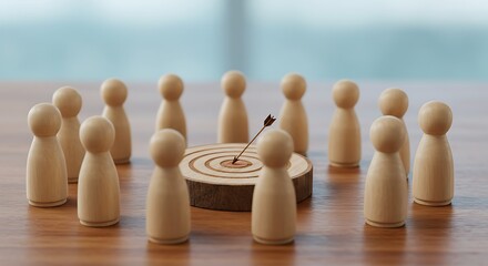 Wooden figures surrounding a target with an arrow, symbolizing team focus on goals