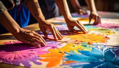 Obraz premium Creative Palette: The image showcases artists working with colorful paint, creating intricate floral patterns on a flat surface, blending art and teamwork