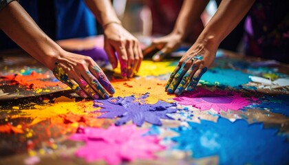 Obraz premium Palette of Togetherness: A close-up shot of hands adorned with colorful powders, engaging in a communal, artistic experience that exudes creativity.