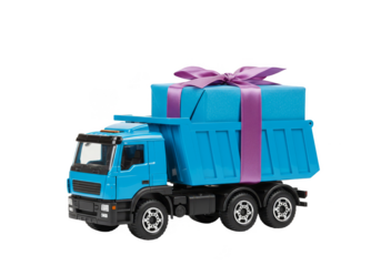 Isolated Blue Toy Truck Transporting a Gift Wrapped in a Purple Bow