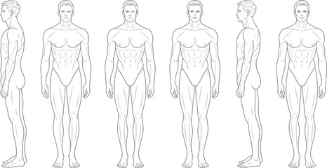Male fashion figure front, back, and side view technical body template for apparel sketching and design, flat vector drawing © Creative Asif