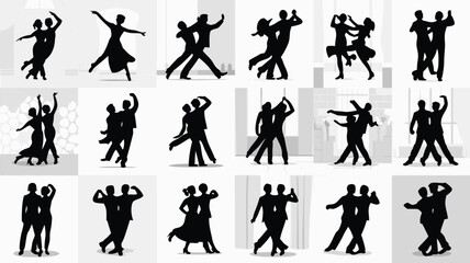 Various Couples Silhouette Dancing Tango, Ballroom, Salsa on White Background Dance Illustration Set