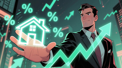 Cartoon man in suit presenting glowing house icon amidst rising arrows and percentage signs in cityscape