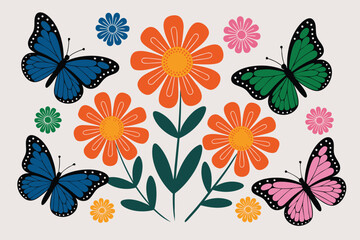 Vibrant Butterfly and Flower Pattern with Retro Style, Featuring Blue, Pink, Green and Orange Hues