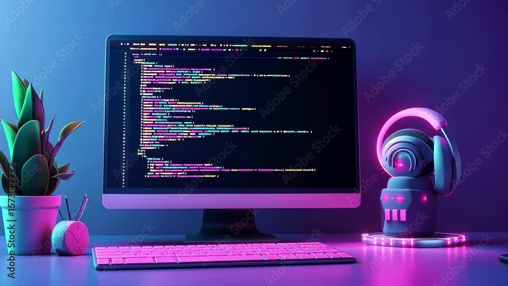 Poster creative computer programming workspace with vibrant neon lighting and coding display, computer prog