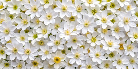 Close up of many white anemone flowers with yellow centers in bloom