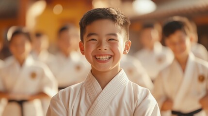 Positive children in martial arts kimonos smiling in their uniforms