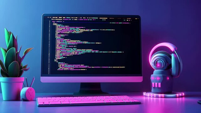 Creative computer programming workspace with vibrant neon lighting and coding display, Computer programming or software developing concept Minimal cartoon style 3D render