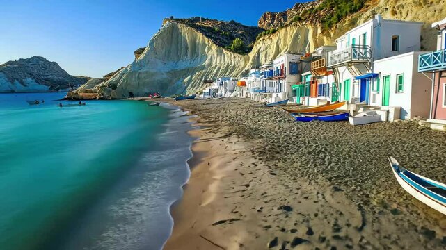 Serene beach view at Pollonia village on Milos Island in Greece under bright blue sky, Pollomia village beach Milos island Greece