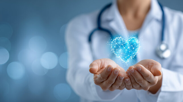  The image showcases a female doctor, wearing a white lab coat with a stethoscope around his neck, performing a symbolic gesture. He holds his hands one under one over, as if cra