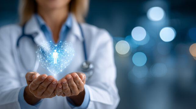  The image showcases a female doctor, wearing a white lab coat with a stethoscope around his neck, performing a symbolic gesture. He holds his hands one under one over, as if cra - Powered by Adobe