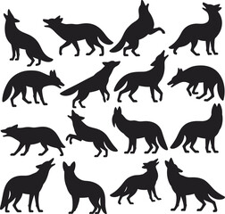 Fox silhouette poses collection, wild animal shadow vector, standing howling walking foxes, cad drawing flat vector illustration, wildlife shape art