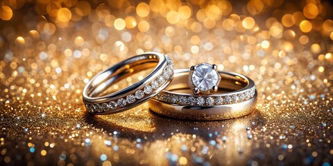 Elegant wedding rings with diamonds on a sparkling golden background for celebration