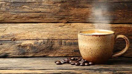 Cup of hot coffee on rustic wooden table


