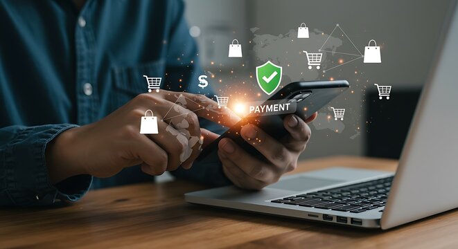 Person using a smartphone for secure online payment next to a laptop