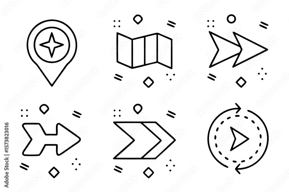 Poster collection of navigational directional symbols and map pointers featuring distinct arrow designs for