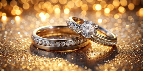 Elegant diamond engagement ring and wedding band on a sparkling gold surface