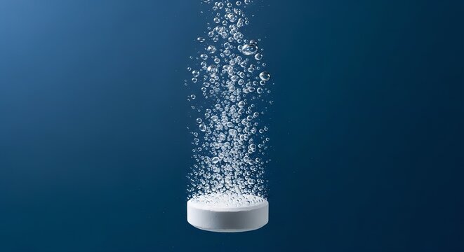 Effervescent tablet dissolving in water creating bubbles against a dark blue backdrop, illustrating medicine dissolving or a vitamin supplement dissolving.