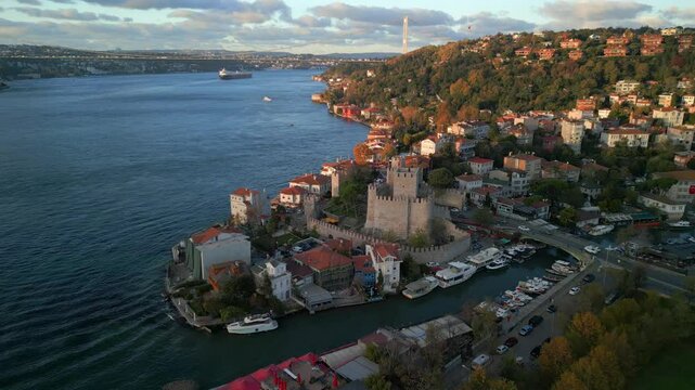 Aerial view of anadolu hisari castle and bosphorus, Turkey.