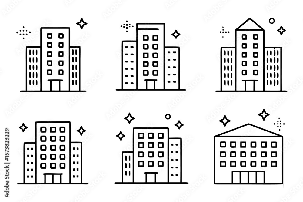 Poster collection of five distinct flat graphic symbols representing residential structures featuring archi