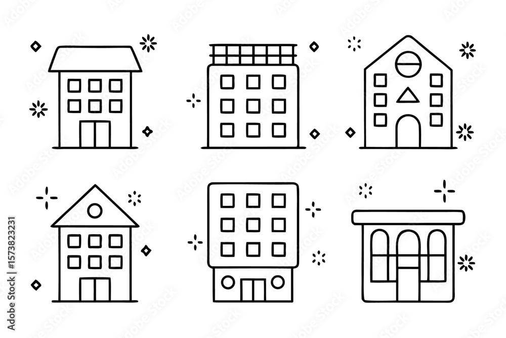 Poster a collection of five distinct flat design symbols representing various architectural structures and 