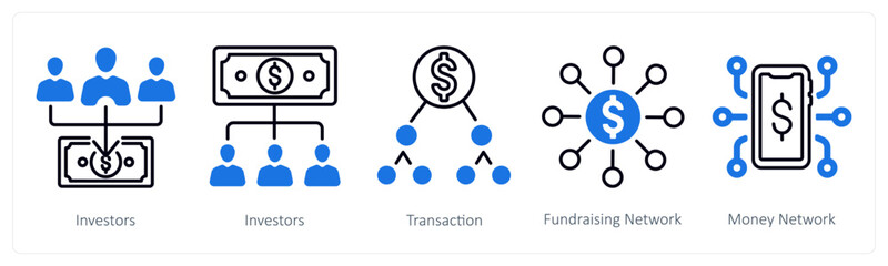 A set of 5 mix icons as investors, transation, fundraising network