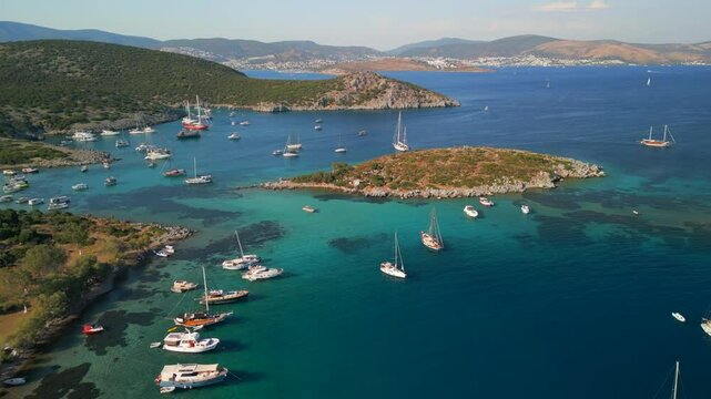 Aerial view of Paradise Cove with boats, Turkey.