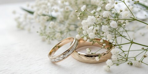 Elegant wedding rings with white gypsophila flowers on a textured background