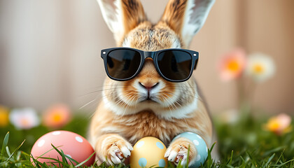 Cool Easter Bunny with Sunglasses and Decorated Eggs in the Grass