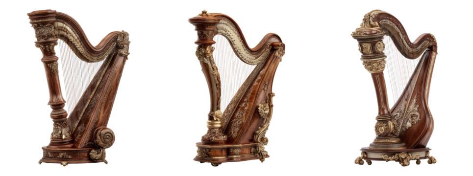 Elegant Antique Harps on Transparent Background for Music Themes