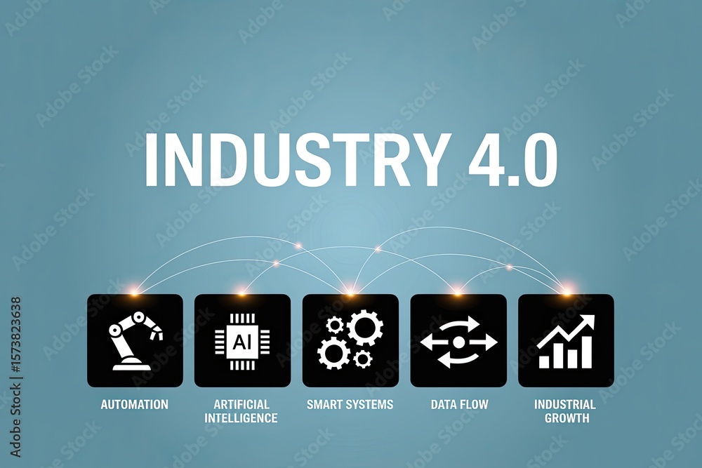 Poster industry 4 0 concept illustrated with icons representing automation artificial intelligence smart sy