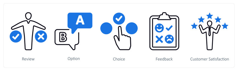 A set of 5 mix icons as review, option, choice