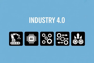 Industry 4 0 concept with icons representing automation artificial intelligence manufacturing and technological advancement in a blue background