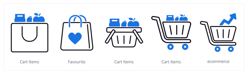 A set of 5 mix icons as cart items, favorite, ecommerce © popcornarts
