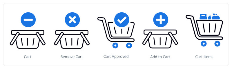 A set of 5 mix icons as cart, remove cart, cart approved