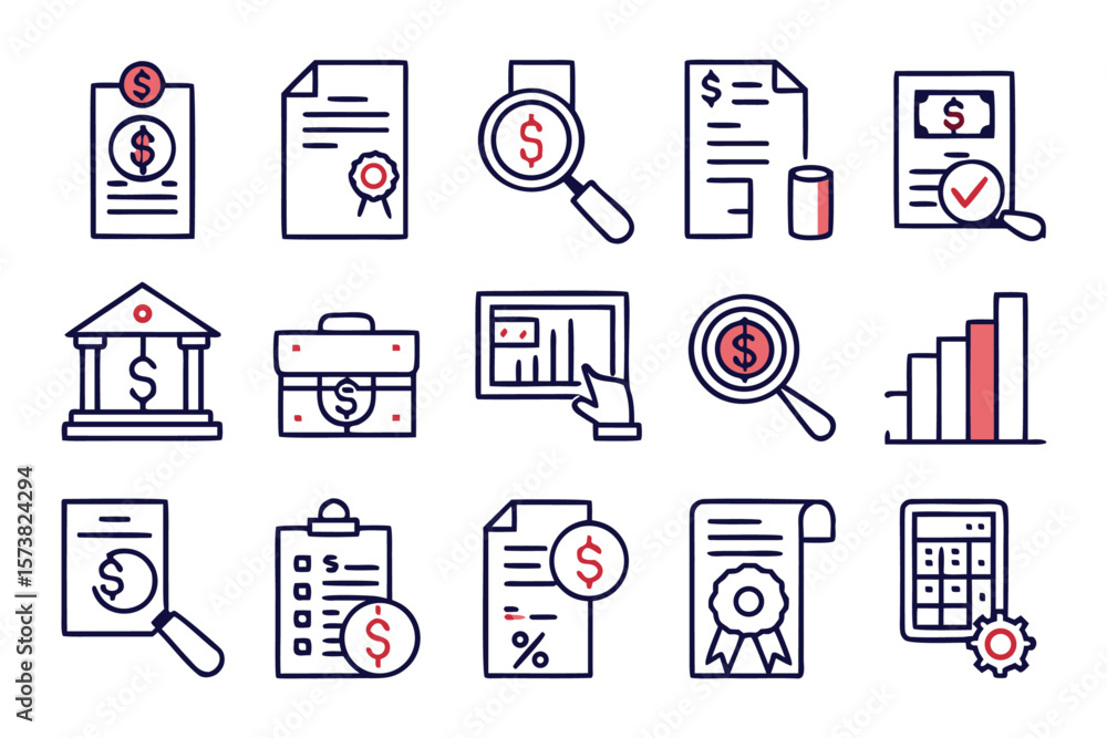 Poster comprehensive collection of financial and business related symbols presented in a clean modern line 