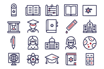 Comprehensive collection of minimalist educational symbols featuring clean thin line designs for learning knowledge and academic pursuits presented in a versatile graphic format
