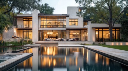 Contemporary luxury home with reflection pool and lush greenery surroundings