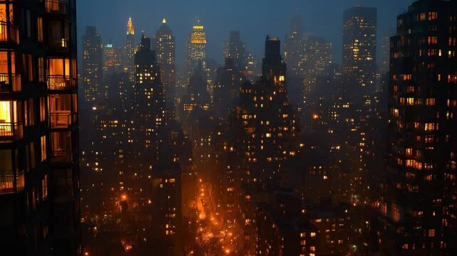 A stunning nighttime cityscape, filled with illuminated buildings and a vibrant urban atmosphere.