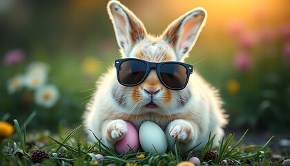Cool Easter Bunny with Sunglasses and Eggs in a Spring Meadow