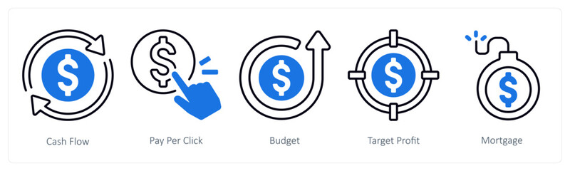A set of 5 mix icons as cash flow, pay per click, budget 