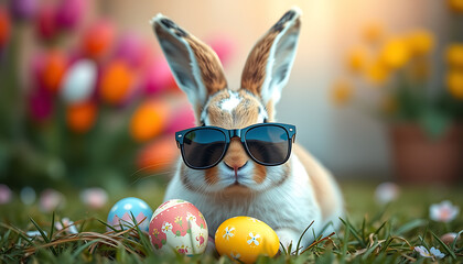 Cool Easter Bunny with Sunglasses and Decorated Eggs in a Garden Setting