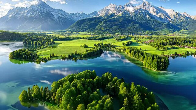Stunning aerial panorama overlooking Forggensee and Schwangau in Germany with stunning mountain backdrop, Panorama from the air Forggensee and Schwangau, Germany, Bavaria