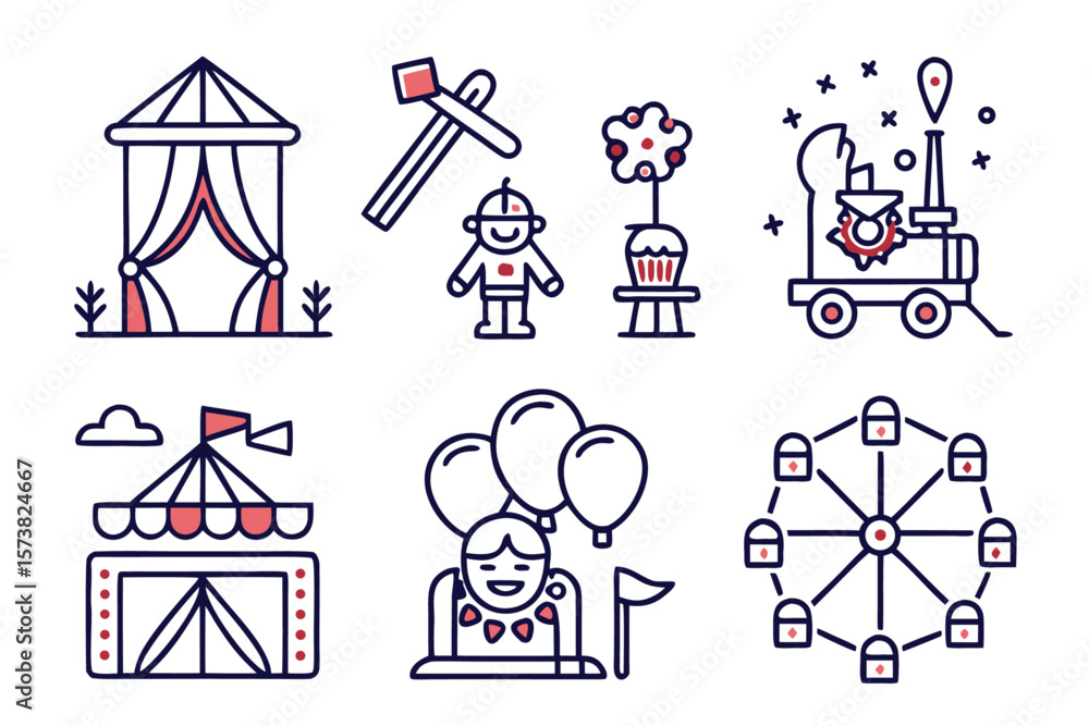 Poster collection of thin line entertainment symbols featuring fun magic and amusement elements for creativ