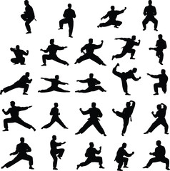 Martial arts men silhouette, karate kung fu poses, black vector illustration, training, fighting, self defense, sport movement, flat style