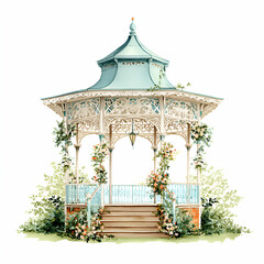 Elegant Gazebo in Lush Garden: A charming gazebo stands gracefully amidst a vibrant garden, adorned with blooming flowers and intricate architectural details.
