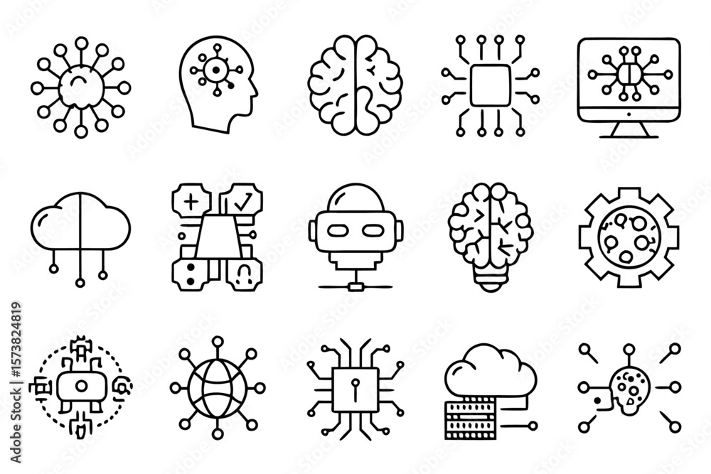 Poster comprehensive collection of stylized line art symbols representing modern artificial intelligence co