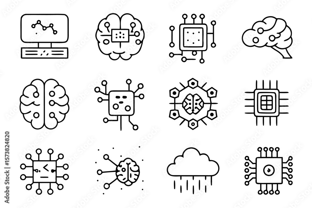 Poster comprehensive collection of modern line art symbols representing artificial intelligence concepts fo