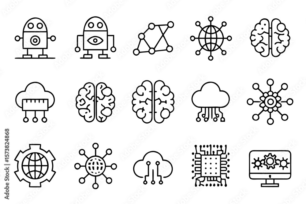Poster collection of modern technology and artificial intelligence concepts represented by clean minimalist