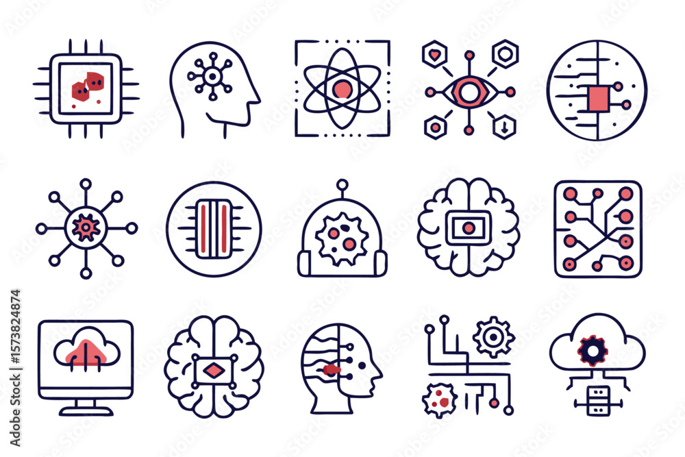 Poster collection of modern line art symbols representing artificial intelligence concepts for digital inte